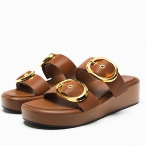 ZARA BUCKLED LEATHER WEDGE SANDALS SZ 37